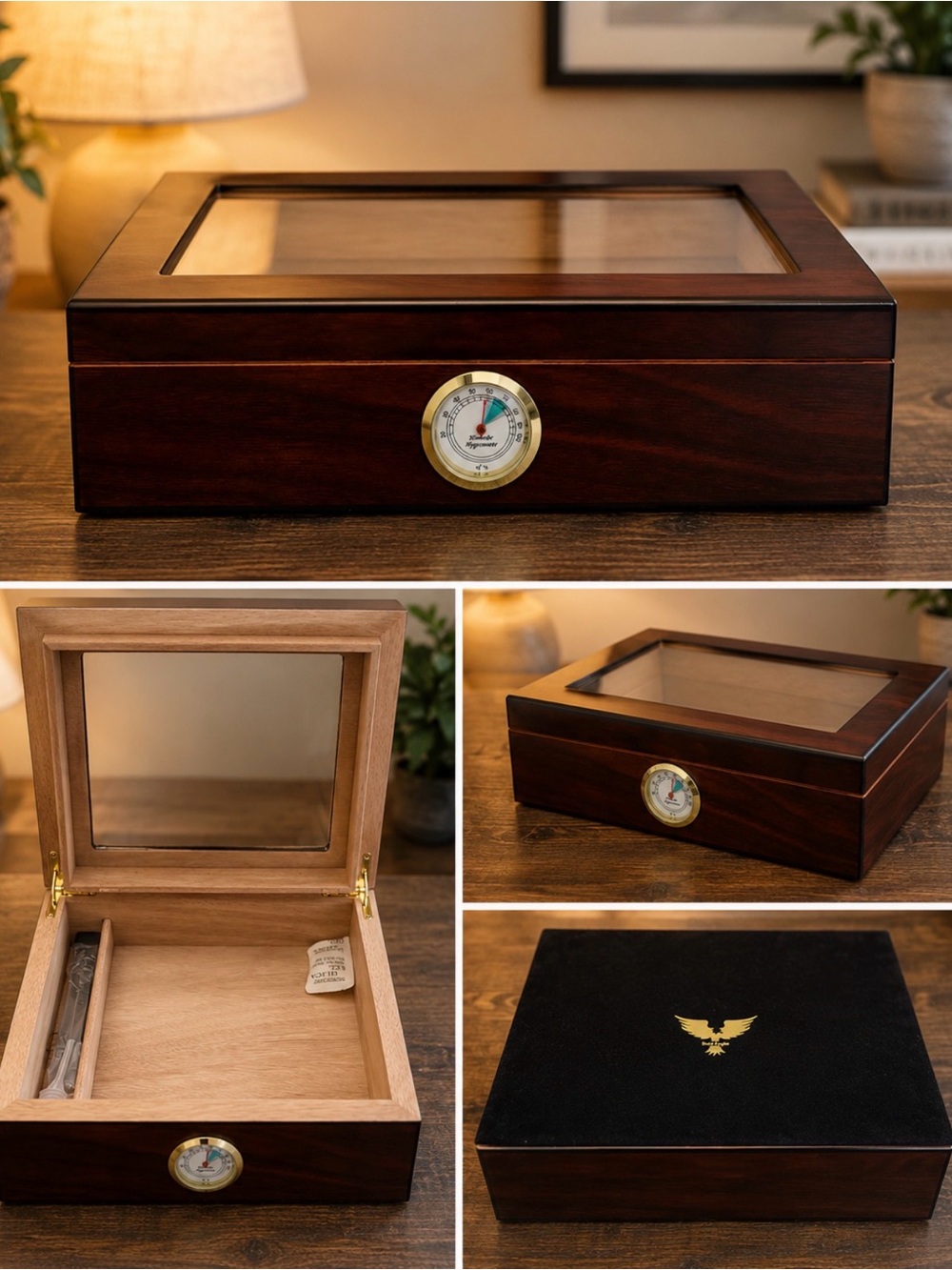 Glass-Top Wooden Humidor with Hygrometer - Dark Wood